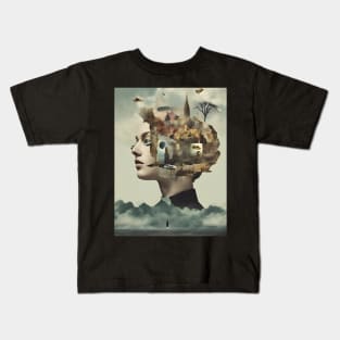 Resilient Chaos: A Surreal Collage of a Woman Amidst Global Calamities Kids T-Shirt